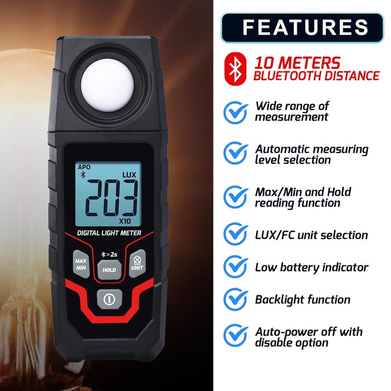 DANOPLUS Light Meter Wireless Lux Meter, 0.1~200,000 Lux Range Light Meter for Plants, Bluetooth Lux Meter Light Meter App Connection, Data Logging and Export, Backlight LCD Display for Plants, Photography - Image 3